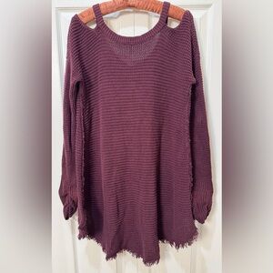 Free People Moonshine Cold Shoulder Waffle Knit Top Wine Oversized S